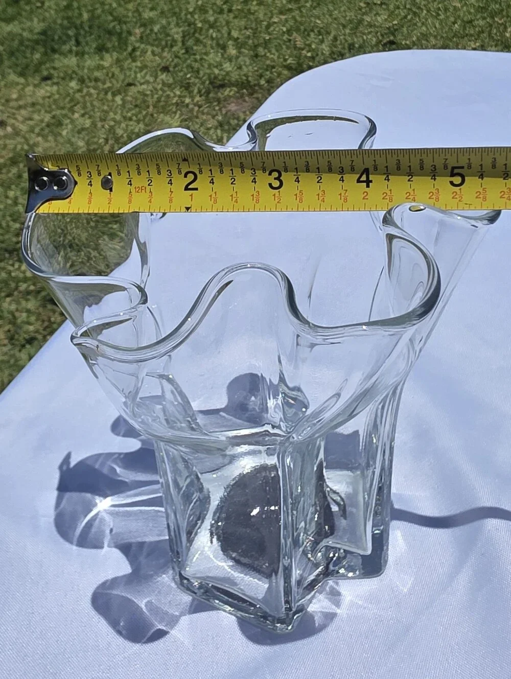 Vintage Muurla Finland Eva Clear Glass Hand Blown Ruffled Handkerchief Vase